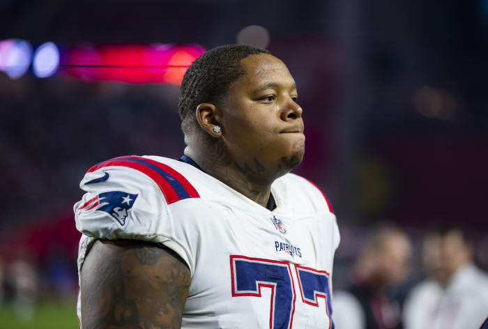 Dec 12, 2022; Glendale, Arizona, USA; New England Patriots offensive tackle Trent Brown (77) against the Arizona Cardinals at State Farm Stadium. Mandatory Credit: Mark J. Rebilas-USA TODAY Sports  